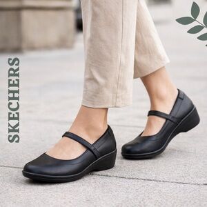 Skechers Black Leather Mary Jane Wedge Shoes Size 10